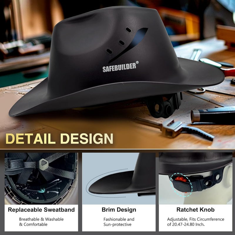 SAFEBUILDER Cowboy Style Hard Hat Class C Safety Helmet Vented Full Brim Hard Hats Work Safety Helmet for Men and Women Outdoor,Industrial,Construction Head Protection- ANSI Approved - Image 2